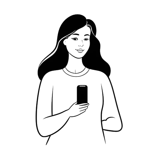 Strichzeichnung einer Frau, die Bianca Claßen darstellt, die ein einzigartiges Smartphone mit dem Markenlogo 'BibiPhone' und 'Deutsche Telekom' darauf hält.