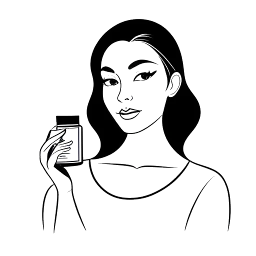 Strichzeichnung einer Frau, die Bianca Claßen darstellt, die ein Kosmetikprodukt mit dem Markenlogo 'Bilou' darauf hält.