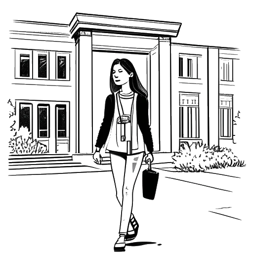 Strichzeichnung einer Frau, die Bianca Claßen darstellt, die ein Universitätsgebäude mit einer Tasche voller Make-up und einer Kamera verlässt.
