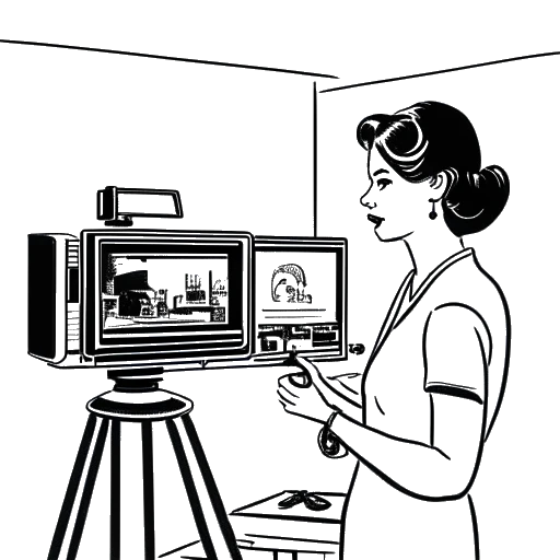 Strichzeichnung einer Frau, die Bianca Claßen darstellt, die vor einer Filmkamera agiert, mit einem Fernsehbildschirm, der ihr Bild im Hintergrund zeigt.