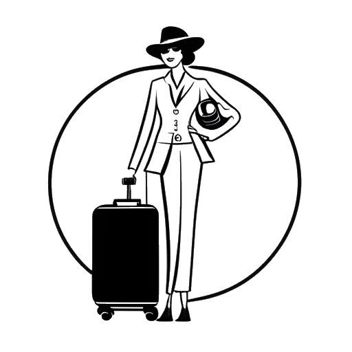 Strichzeichnung einer Frau, die Bianca Claßen darstellt, die einen Koffer hält und neben dem Logo eines Reiseunternehmens steht.