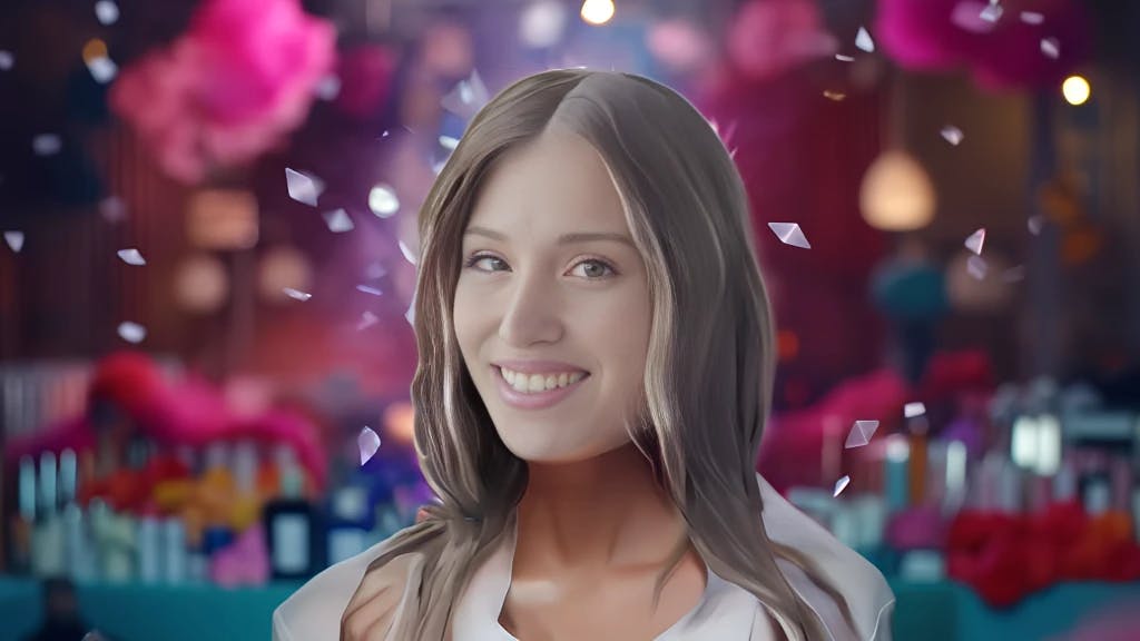 Hochauflösendes Porträt von Bianca Claßen mit ihrer Markenkosmetik im Hintergrund