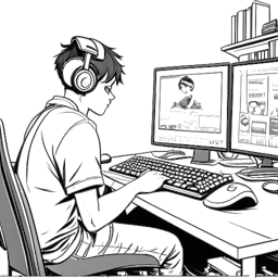 Een zwart-wit schets van een tienerjongen die LeafyIsHere vertegenwoordigt, met een koptelefoon op, verdiept in gaming aan een computertafel omringd door posters van gamepersonages, allemaal tegen een witte achtergrond.