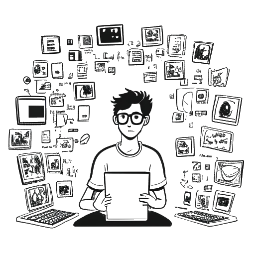 Uma ilustração monocromática de um homem, simbolizando LeafyIsHere, em meio a várias telas digitais mostrando vários nomes de usuário do YouTube, retratando conflitos online em uma narrativa visual intensa, em um fundo branco.