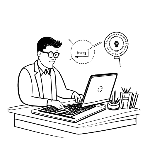 Un croquis en noir et blanc d'un homme travaillant sur un ordinateur portable et tenant une caméra, avec des graphiques de marché boursier en arrière-plan, indiquant les gains et les stratégies d'investissement multifacettes de LeafyIsHere.