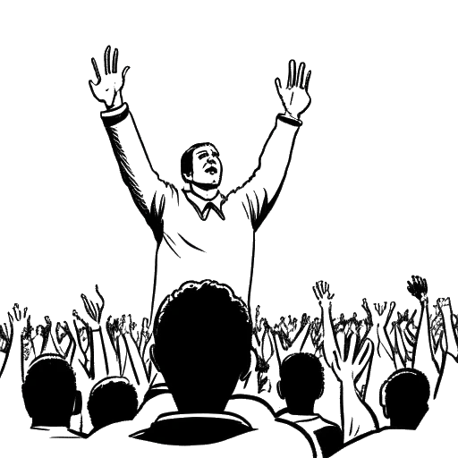 Dibujo de arte lineal de un hombre, que representa a LeafyIsHere, saludando a una multitud de seguidores.