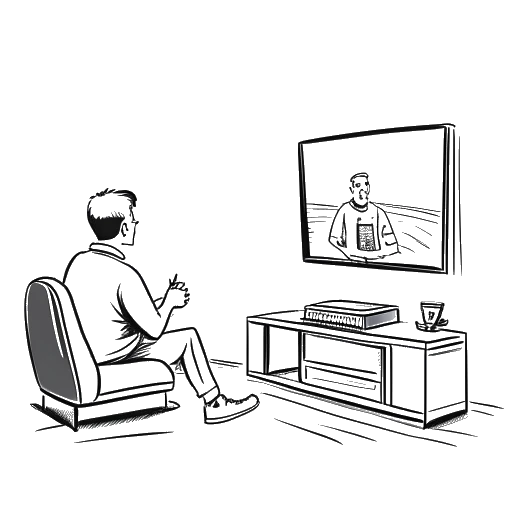 Desenho de arte em linha de um homem, representando LeafyIsHere, assistindo a um programa de comédia noturno na TV.