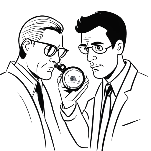 Line art drawing of a man, representing iDubbbz, holding a magnifying glass and examining the content of LeafyIsHere's video.