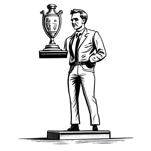 Line art drawing of a man, representing LeafyIsHere, standing on a podium and holding a large trophy.