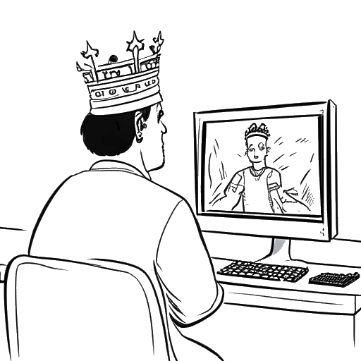 Lijntekening van een man die LeafyIsHere vertegenwoordigt, met een kroon op zijn hoofd en commentaar geeft terwijl hij een game bekijkt op een scherm.