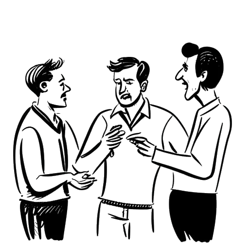 Desenho de arte em linha de um homem, representando LeafyIsHere, envolvido em uma discussão com outras três pessoas.