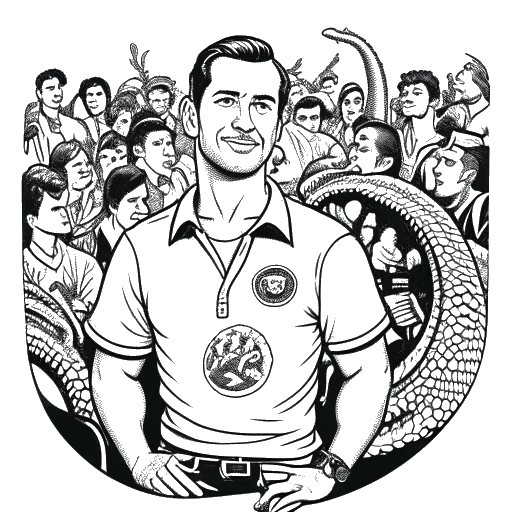 Line art drawing of a man, representing LeafyIsHere, with a reptile emblem on his shirt, surrounded by fans.