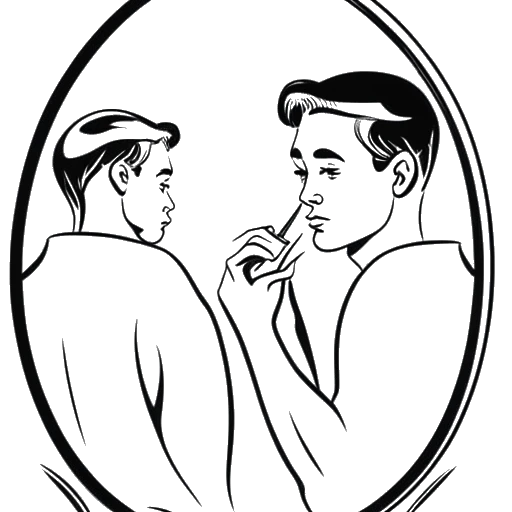 Line art drawing of a man, representing LeafyIsHere, holding a mirror and reflecting on his actions.