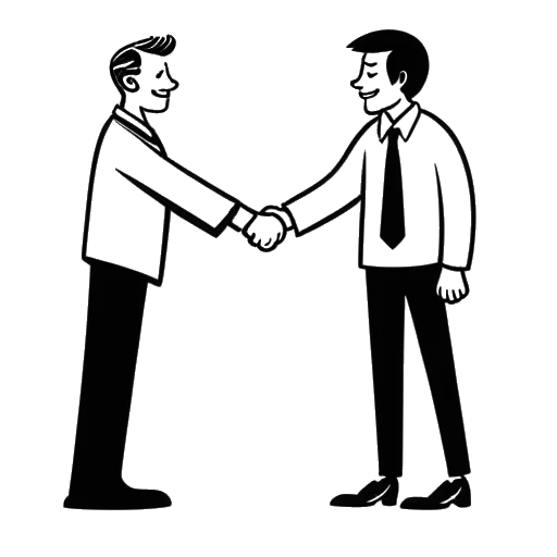 Line art drawing of two men, representing LeafyIsHere and GradeAUnderA, shaking hands with one of them holding a white flag.