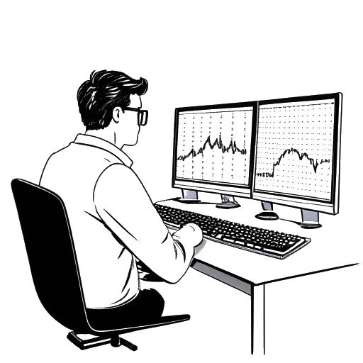 Dibujo de arte lineal de un hombre, que representa a LeafyIsHere, mirando gráficos de acciones en una computadora.