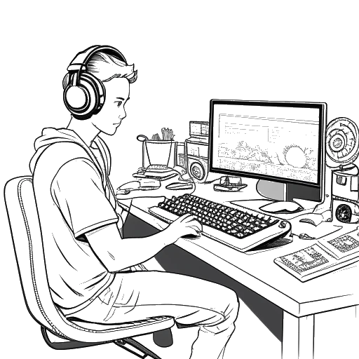 Line art drawing of a man representing LeafyIsHere, wearing a headset, working on a computer with speakers and gaming equipment around him.