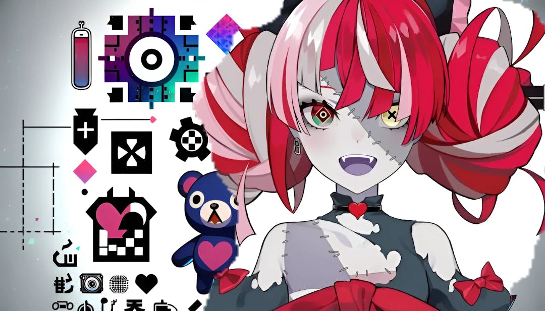 Kureiji Ollie miniature af een geschokt vrouwelijk personage met rood en wit haar, een lichte huid, gekleed in donkere en roze kleding met hartmotieven. De achtergrond bevat anime- en game-symbolen, samen met haar mascotte Udin, de blauwe en paarse knuffelbeer, die haar unieke persoonlijkheid en interesses weerspiegelt.