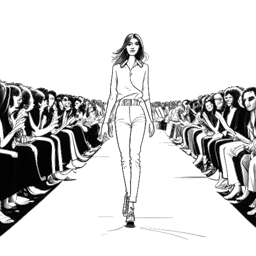 Dibujo de línea de Leni Klum caminando con confianza por la pasarela, rodeada de multitudes aplaudiendo, representando su debut y ascenso en la industria de la moda. La imagen presenta un esquema de colores blanco y negro sobre un fondo blanco.