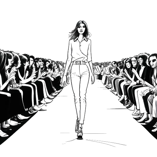 Desenho em arte linear de Leni Klum caminhando confiante pela passarela, cercada por multidões aplaudindo, representando sua estreia e ascensão na indústria da moda. A imagem apresenta um esquema de cores preto e branco em um fundo branco.