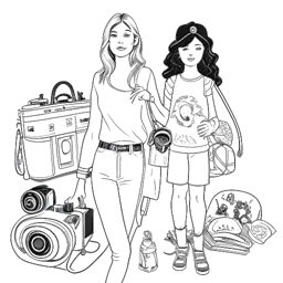 Dibujo de línea de una niña joven con su madre en una sesión de fotos de moda, representando a Leni Klum. Cámaras y accesorios de moda las rodean en la imagen, todo sobre un fondo blanco.