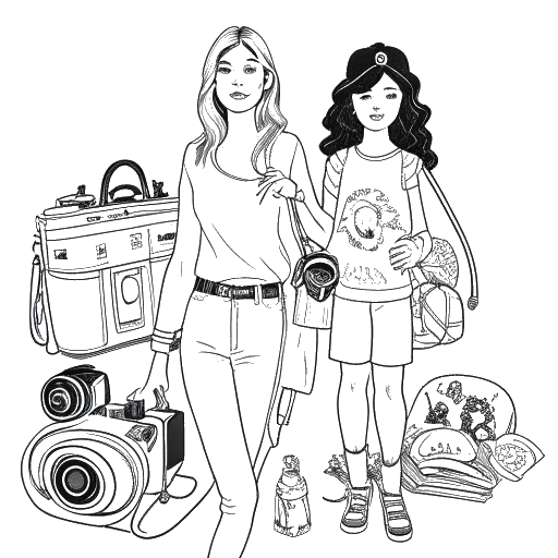 Desenho em arte linear de uma jovem com sua mãe em uma sessão de fotos de moda, representando Leni Klum. Câmeras e acessórios de moda as cercam na imagem, tudo em um fundo branco.