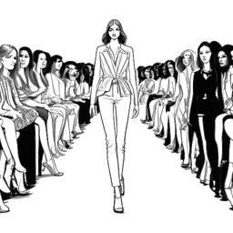 Lijnkunsttekening van Leni Klum die haar kledingcollectie presenteert op de catwalk, omringd door professionals en influencers uit de modewereld, wat haar ondernemersinitiatieven vertegenwoordigt. De afbeelding heeft een zwart-wit kleurenschema tegen een witte achtergrond.