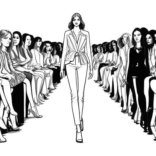 Line art drawing of Leni Klum presenting her clothing collection on a runway, surrounded by fashion industry professionals and influencers, representing her entrepreneurial endeavors. The image has a black and white color scheme against a white backdrop.