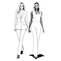 Lijnkunsttekening van Leni Klum en haar moeder, Heidi Klum, die samen over een rode loper lopen. Leni is gekleed in minimalistische streetwear-stijl terwijl Heidi haar vergezelt. De afbeelding heeft een zwart-wit kleurenschema tegen een witte achtergrond.