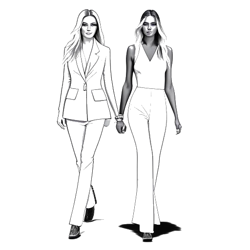 Desenho em arte linear de Leni Klum e sua mãe, Heidi Klum, caminhando juntas em um tapete vermelho. Leni está vestida com um estilo minimalista de streetwear enquanto Heidi a acompanha. A imagem apresenta um esquema de cores preto e branco em um fundo branco.