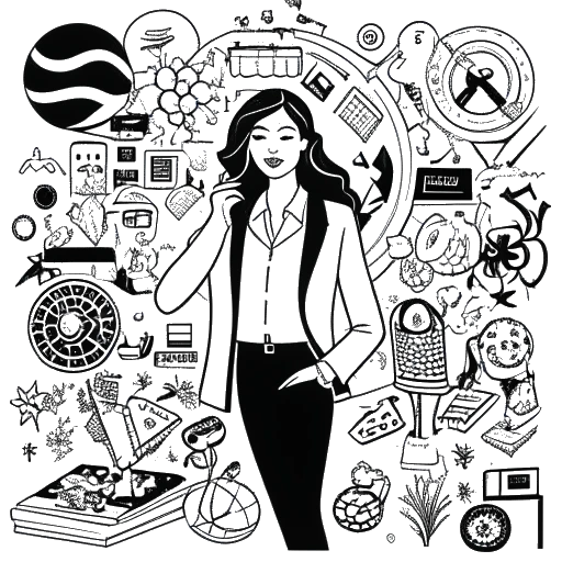 Line art drawing of Leni Klum engaged in modeling, fashion collaborations, and collection creation, surrounded by symbols representing her financial success.
