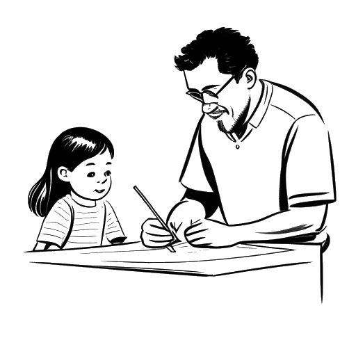 Dibujo de arte lineal de un hombre firmando papeles de adopción, representando a Seal que adopta a Leni Klum, con una niña joven a su lado.
