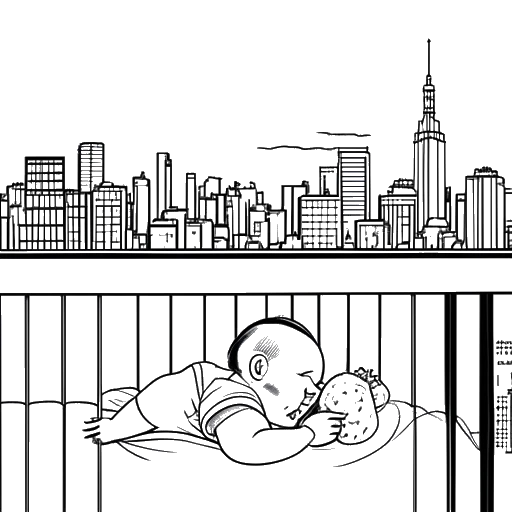 Line art drawing of a baby girl, representing Leni Klum, in a crib with the New York City skyline in the background.