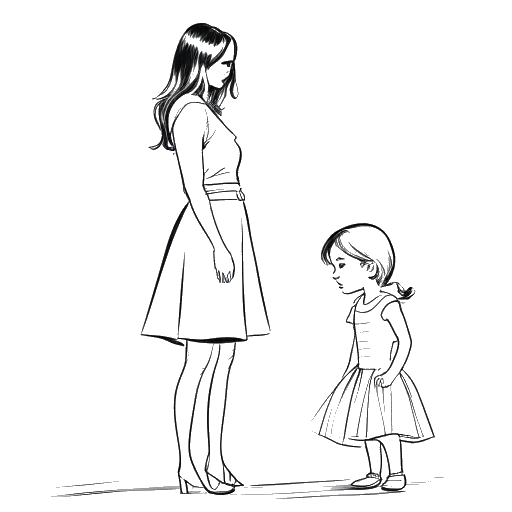 Line art drawing of a young girl, representing Leni Klum, watching her mother, Heidi Klum, pose for a fashion photoshoot.