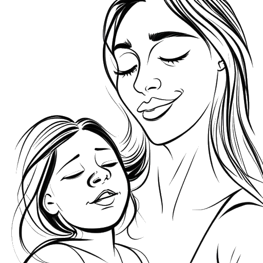 Line art drawing of a mother and daughter, representing Heidi Klum and Leni Klum, with similar expressions, displaying high energy.
