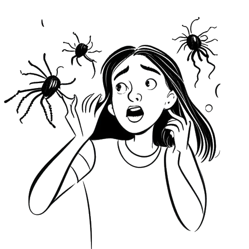 Desenho em arte linear de uma jovem mulher, representando Leni Klum, reagindo com medo a uma aranha ou uma abelha.