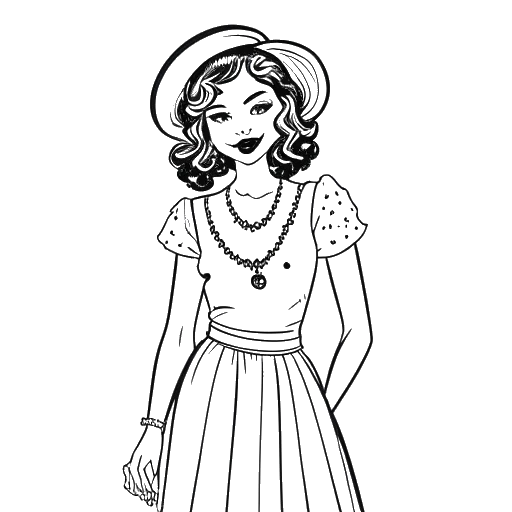 Desenho em arte linear de uma jovem mulher, representando Leni Klum, vestida com uma fantasia de Halloween na famosa festa de Halloween de Heidi Klum.