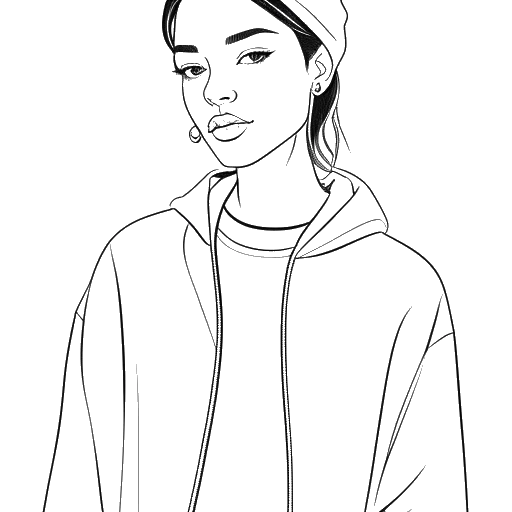 Desenho em arte linear de uma jovem mulher, representando Leni Klum, vestindo roupas minimalistas streetwear de marcas como Dickies e Wrangler.