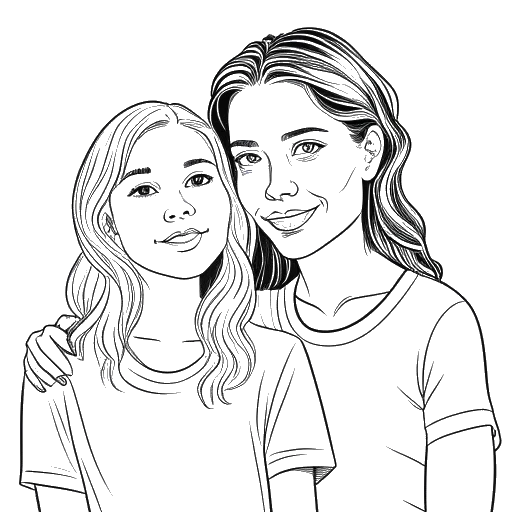 Line art drawing of a teenage girl posing with her mother, representing Leni Klum and Heidi Klum, for Vogue Germany's January/February 2021 issue.
