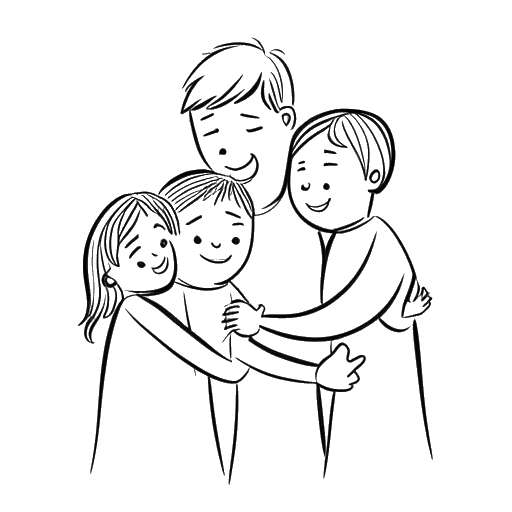 Line art drawing of a family, representing the Klum family, sharing a heartfelt moment together.