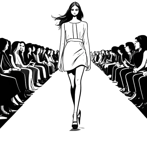 Dibujo de arte lineal de una joven mujer, representando a Leni Klum, caminando por la pasarela en la Semana de la Moda de Berlín en enero de 2021.
