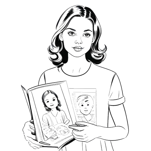 Dibujo de arte lineal de una joven, representando a Leni Klum, sosteniendo una revista de moda con su madre, Heidi Klum, en la portada.