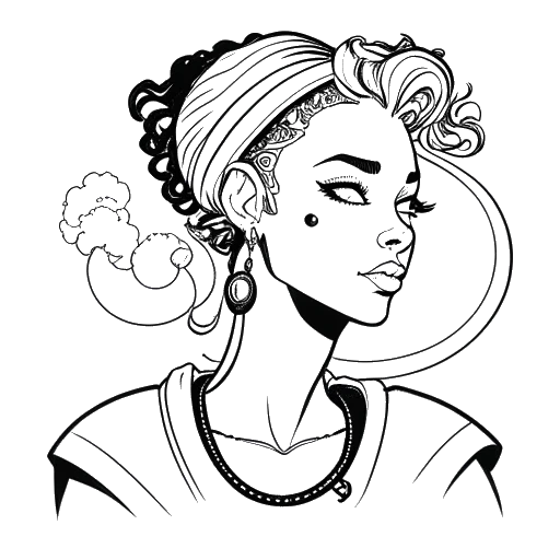 Line art drawing of Zherka, with a thought bubble depicting contrasting symbols representing men and women. All depicted against a white backdrop.