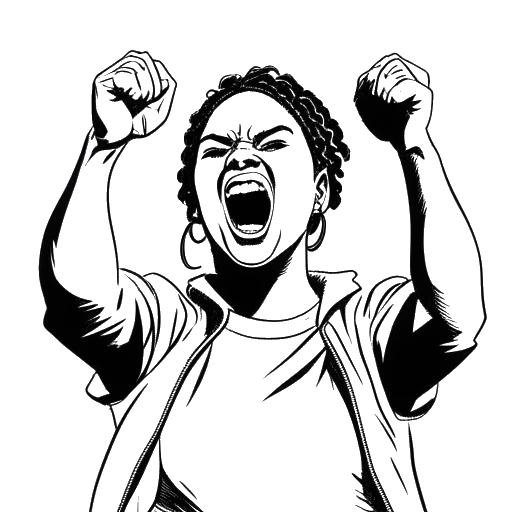 Line art drawing of Zherka engaged in a heated argument with other popular influencers in Miami. He gestures passionately with raised fists and intense expressions. All depicted against a white backdrop.