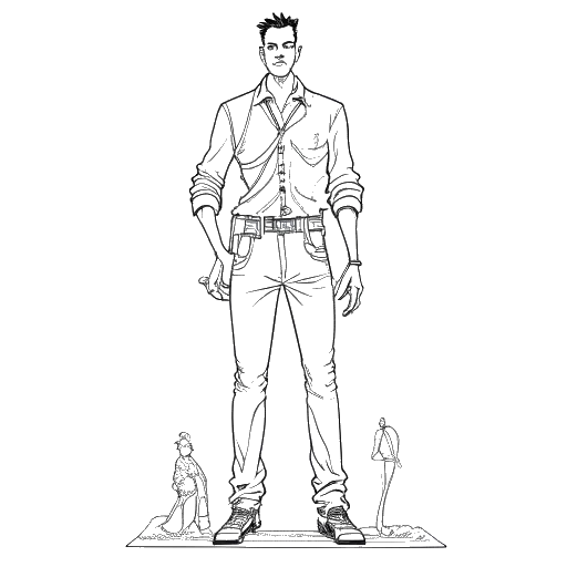 Line art drawing of Zherka in a larger-than-life pose, standing tall at 195 cm (6'5). Elements representing his favorite personalities like Alex Jones, Andrew Tate, Jordan Peterson, and a Baptist preacher, energized by seventeen cans of Red Bull, surround him. All depicted against a white backdrop.