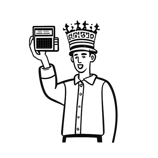 Line art drawing of a man, representing Zherka, holding a video game controller and a film slate, symbolizing his digital streaming income sources, with the crown of a building above his head representing his real estate investments, all against a white background.