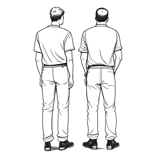Dibujo lineal de dos hombres parados de espaldas, representando a Zherka y a su hermano