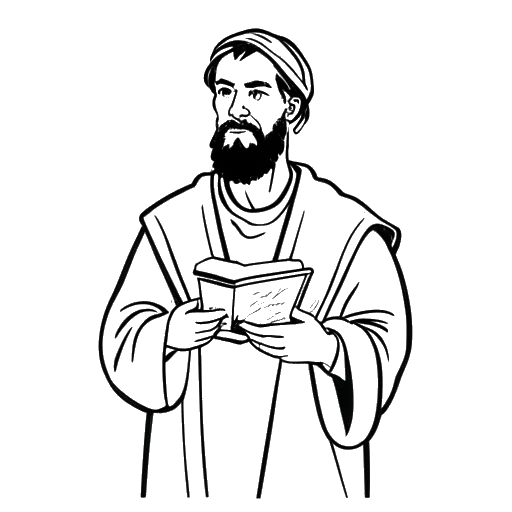 Line art-tekening van een man die een Bijbel vasthoudt, wat Zherka's overstap naar het christendom vertegenwoordigt