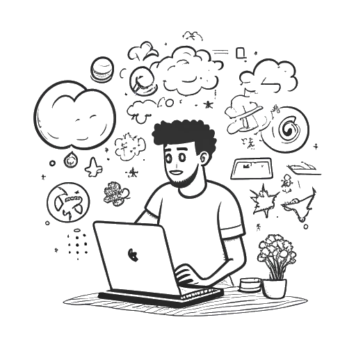 Desenho artístico de um homem com um laptop e um balão de pensamento contendo diversas imagens, representando o foco de Zherka na criação de conteúdo
