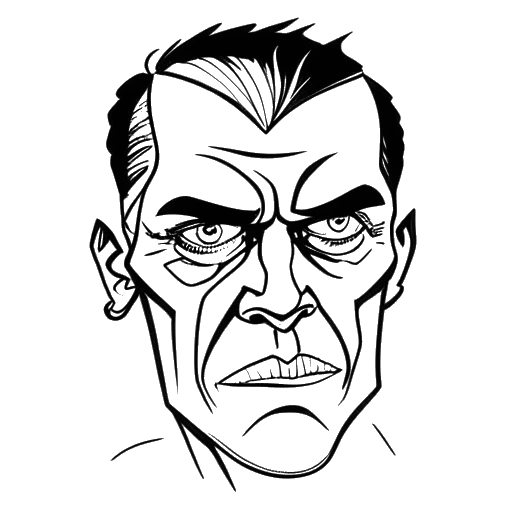 Line art-tekening van een man met overdreven gelaatstrekken, wat Zherka's energieke en controversiële persoonlijkheid vertegenwoordigt