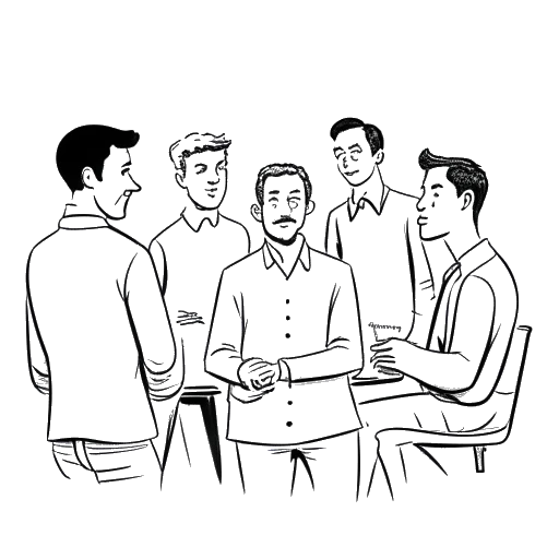Line art-tekening van een man die advies geeft aan een groep andere mannen, wat Zherka's datingadvies vertegenwoordigt